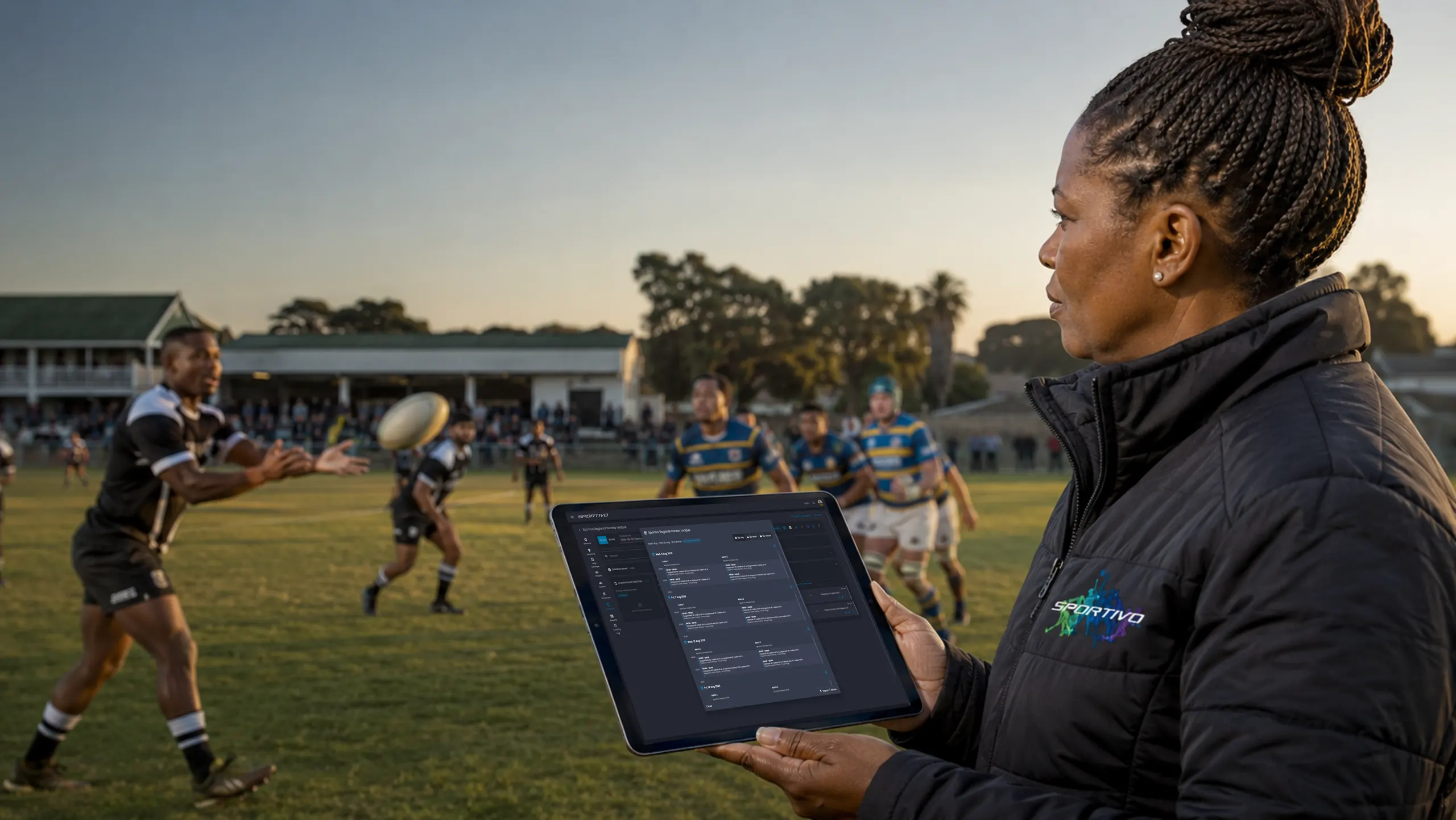 League administrator reviewing fixtures on a tablet pitch-side at a rugby match