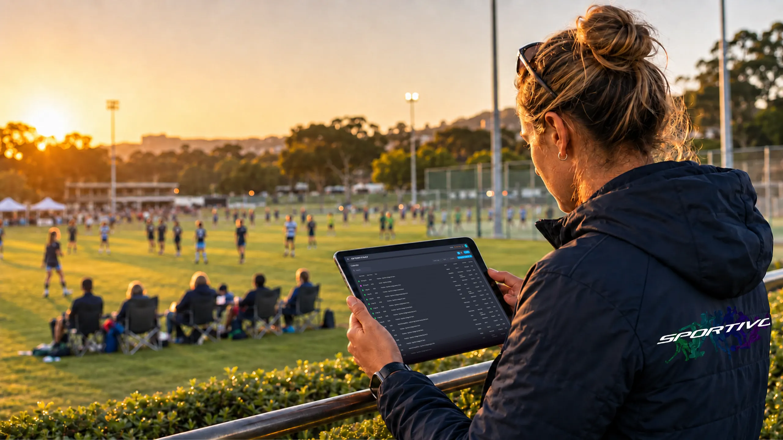Teacher checking squad attendance on a tablet at a school sports field at sunset