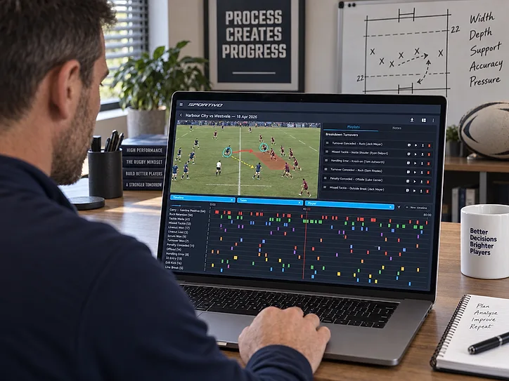 A rugby coach at a laptop running the Sportivo coding workspace — video pane, playlist of breakdown turnovers, and an 80-minute timeline of coded events.