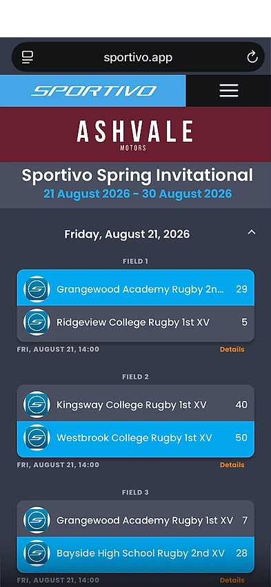 Public Sportivo tournament page open in a mobile browser showing the Spring Invitational fixtures