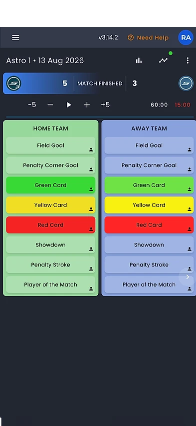 Sportivo app match console for a hockey fixture on Astro 1, showing Match Finished with a 5-3 score and field goal, penalty corner, card, showdown and penalty stroke buttons for both teams