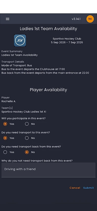 Sportivo app showing a player's availability response for the Ladies 1st XI, with travel to and from the fixture answered separately