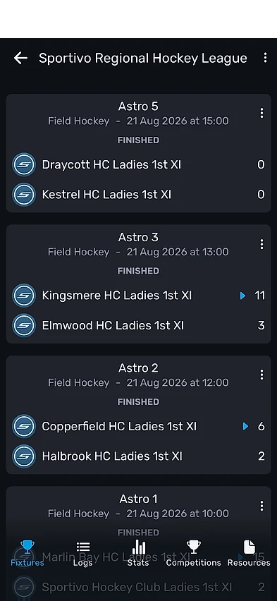 Sportivo app showing completed Regional Hockey League fixtures for the club, each card carrying the pitch, date, a FINISHED badge and the final score with the winning side marked