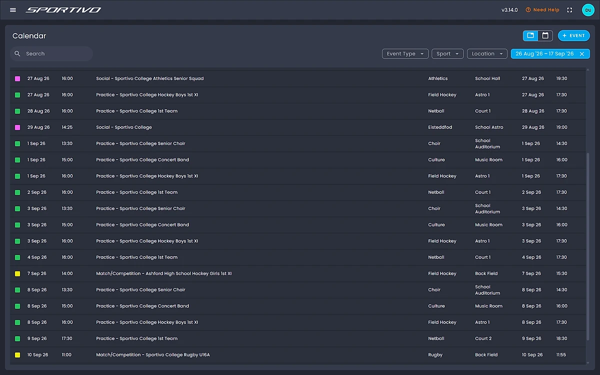 Sportivo admin portal showing a Sportivo College term calendar with hockey, netball, athletics, rugby, choir, concert band and Eisteddfod events listed together with their venues
