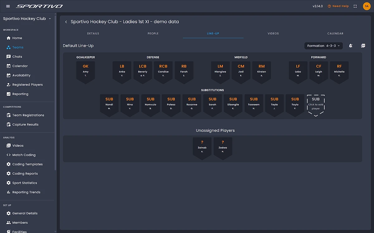 Sportivo admin portal showing a complete Ladies 1st XI line-up in a 4-3-3, with named starters in every position and ten substitutes