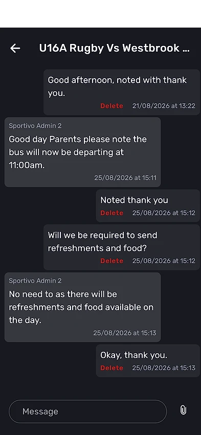 Sportivo app showing the parent thread for a Sportivo College U16A rugby fixture, where the coordinator has posted a changed bus departure time and parents have replied in the same thread