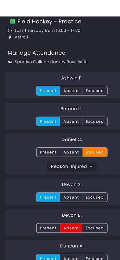 Sportivo app showing attendance being taken for a Sportivo College Hockey Boys 1st XI practice on Astro 1, with each player marked present, absent or excused and one excused player carrying the reason 'Injured'